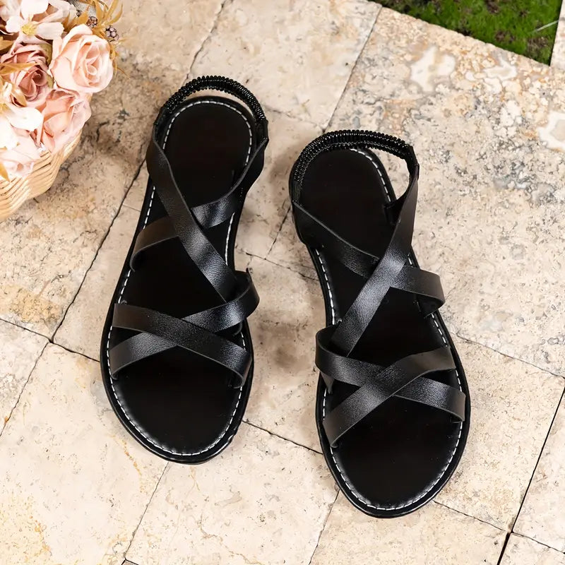 Women’s Slip-On Cross-Cross Strap Flat Sandals with Elastic Back