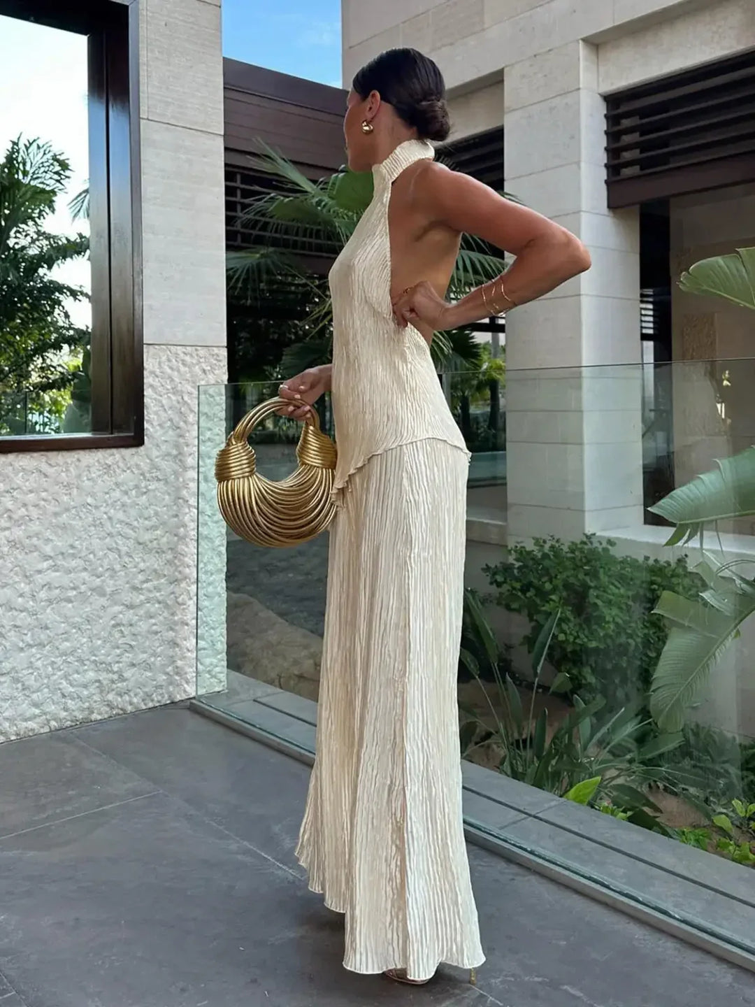 Women’s Pleated Halter Two Piece Set with Open Back