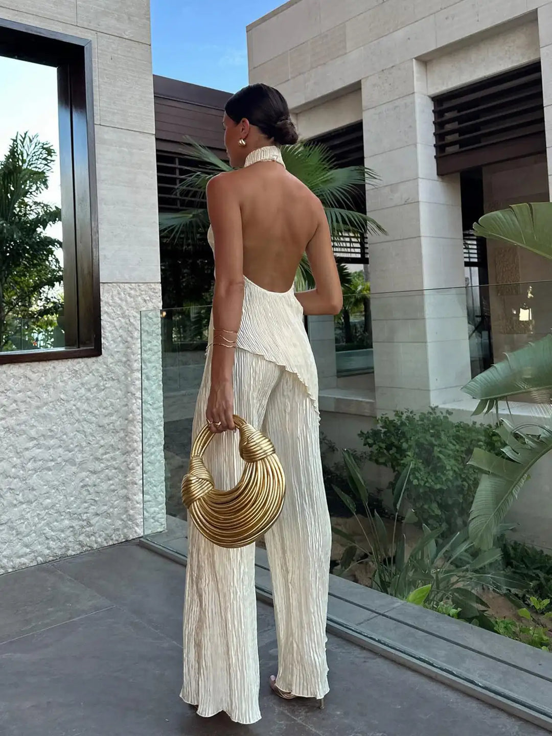 Women’s Pleated Halter Two Piece Set with Open Back