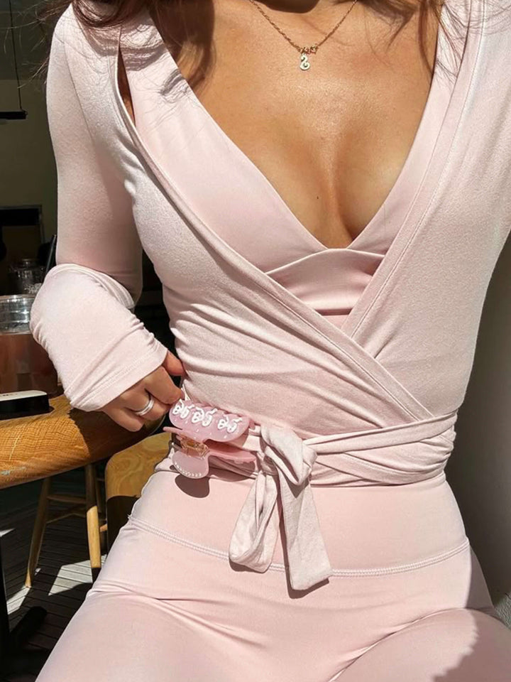 Women’s V-Neck Wrap Pilates Top with Tie-Waist