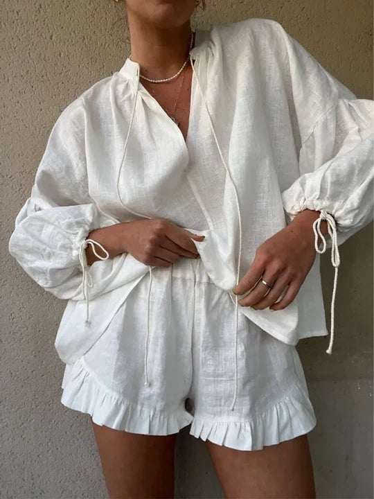 Women’s Two Piece Set with Tie-Neck Blouse and Ruffle-Hem Shorts