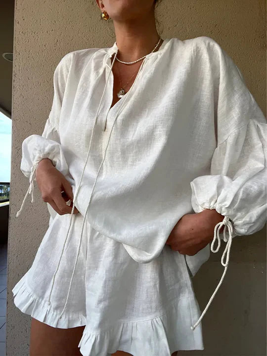 Women’s Two Piece Set with Tie-Neck Blouse and Ruffle-Hem Shorts
