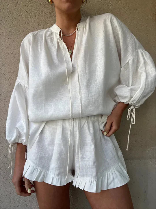 Women’s Two Piece Set with Tie-Neck Blouse and Ruffle-Hem Shorts