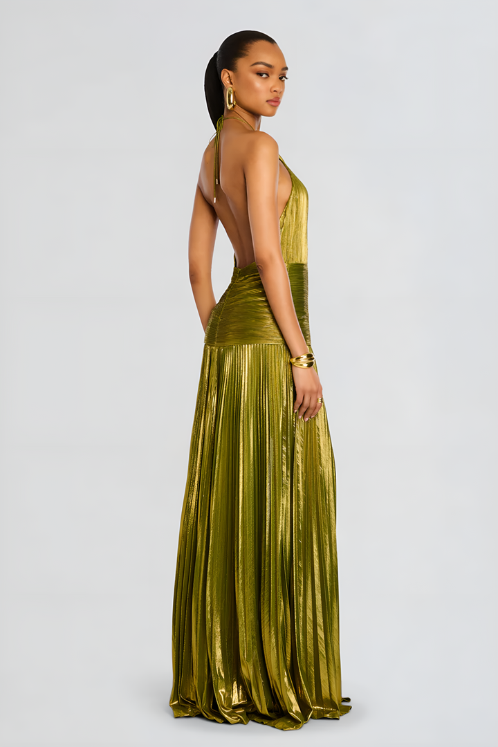 Women’s Halter Maxi Cocktail Dress with High Slit Pleated Skirt and Open Back