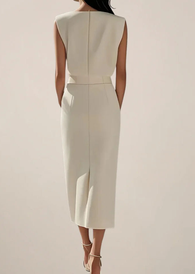 Women’s Sleeveless Midi Dress with Button Detail and Side Slit