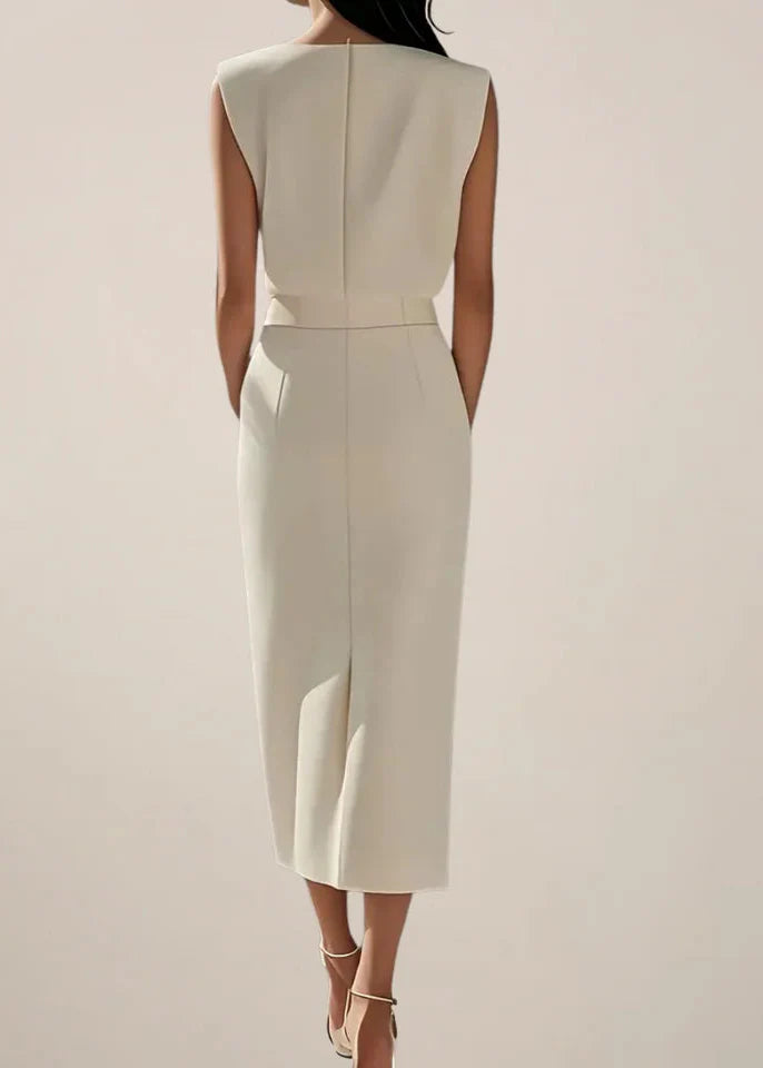 Women’s Sleeveless Midi Dress with Button Detail and Side Slit