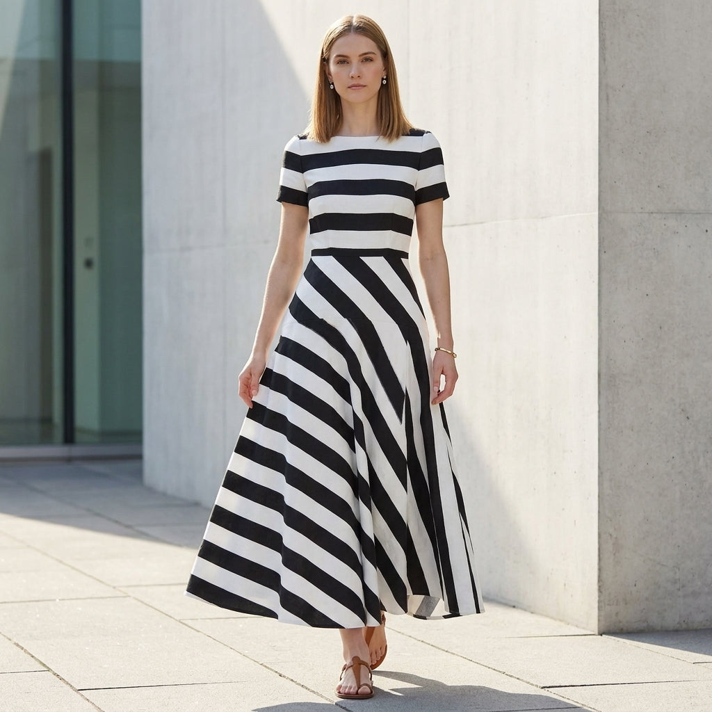 Women's A-Line Ankle-Length Striped Maxi Dress with Pockets