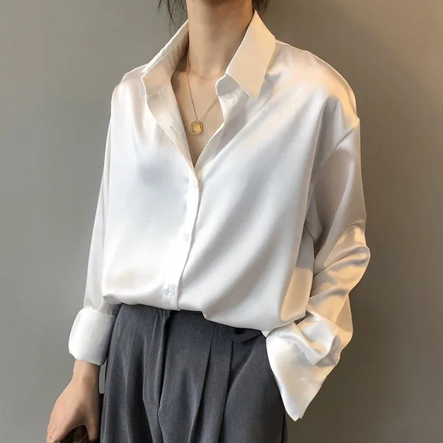 Women’s Long Sleeve Buttoned Satin Blouse with Pointed Collar