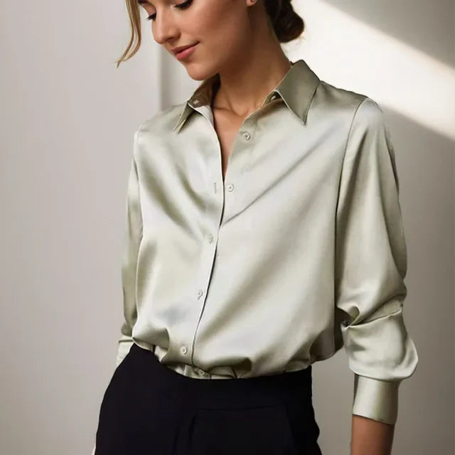 Women’s Long Sleeve Buttoned Satin Blouse with Pointed Collar