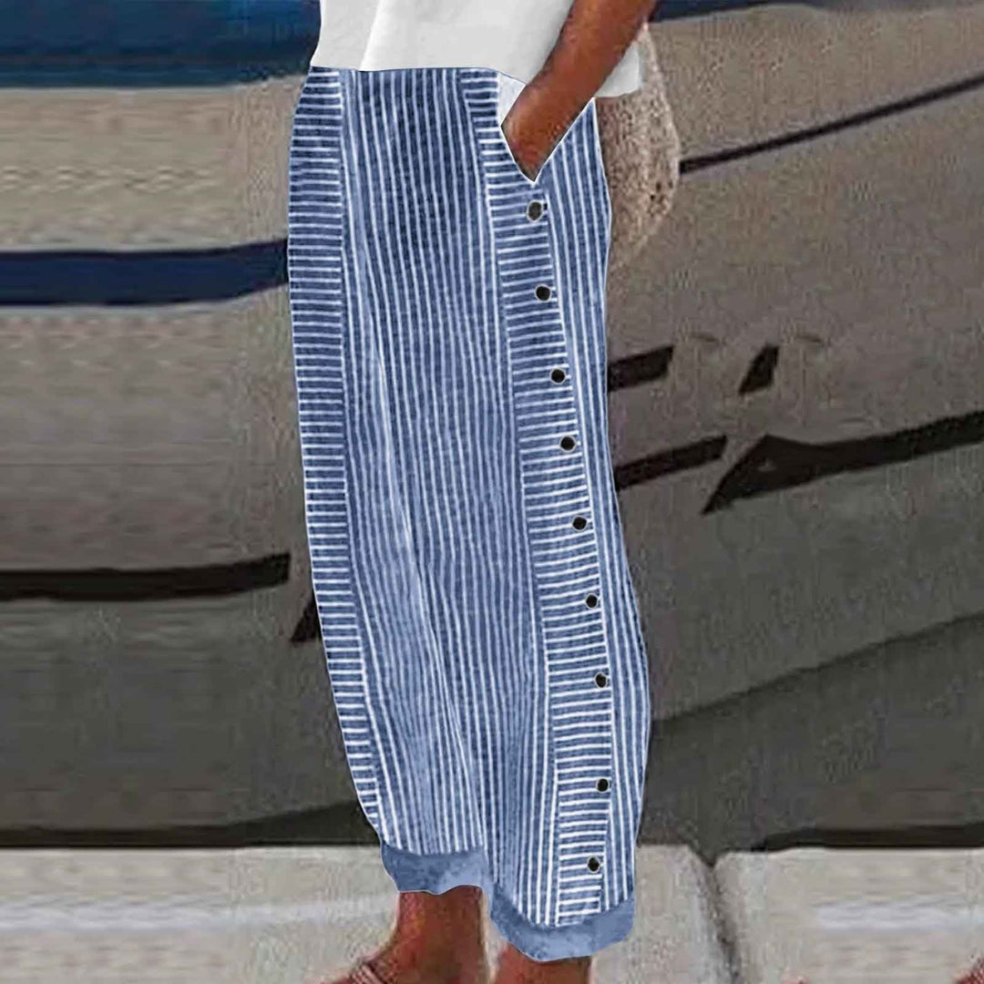Women’s Striped Wide Leg Pants with Button-Accent