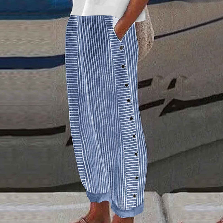 Women’s Striped Wide Leg Pants with Button-Accent