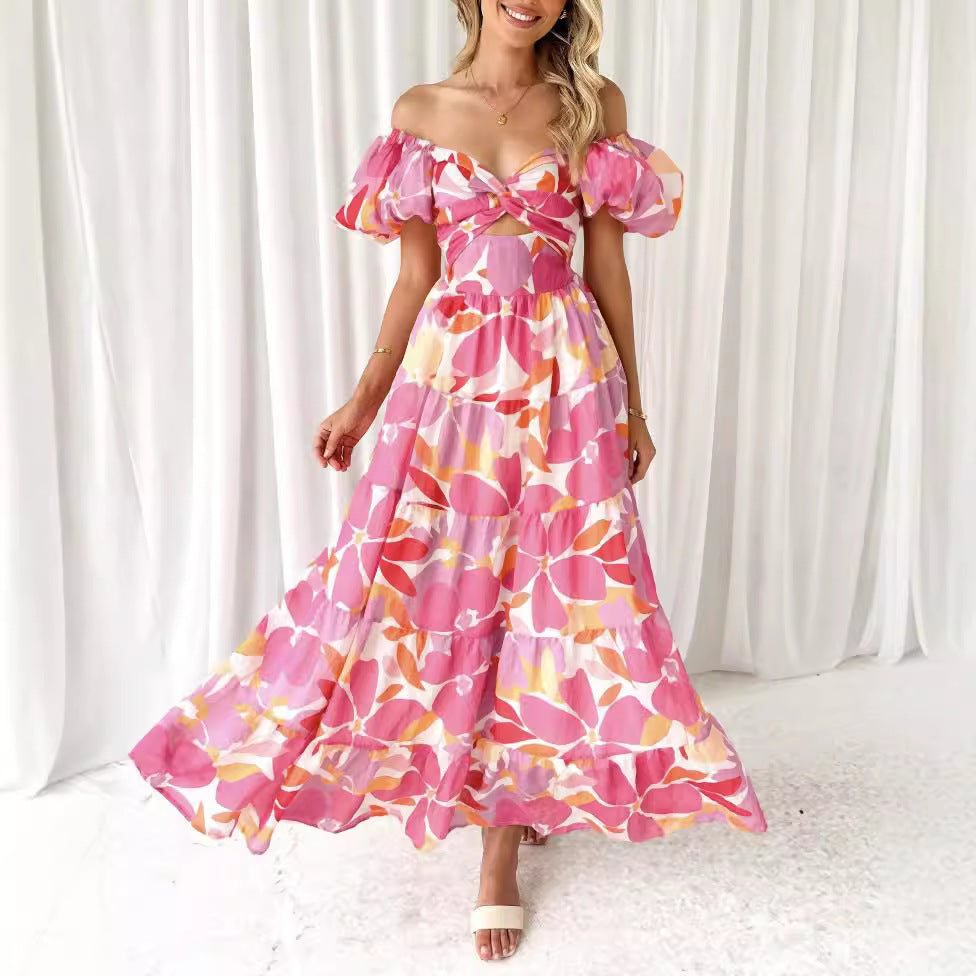 Women’s Puff Sleeve Maxi Dress with Cut-Out Front