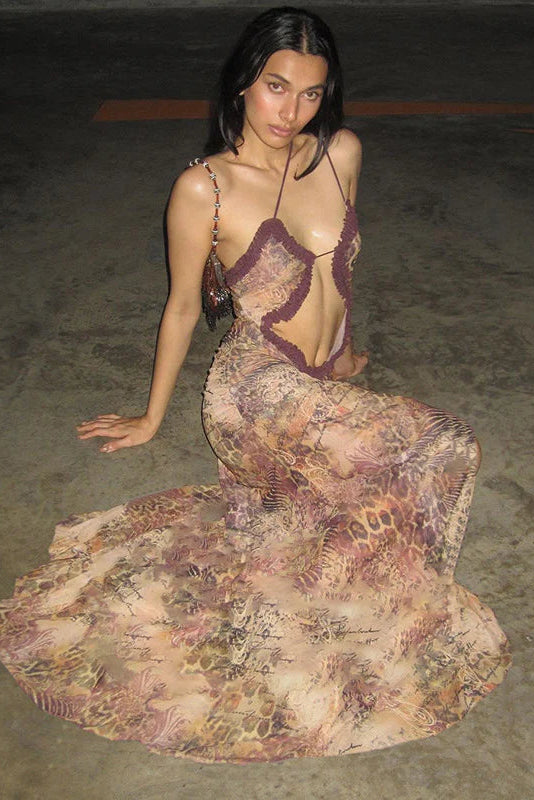 Women’s Asymmetric Cutout Maxi Dress with Spaghetti Straps and Side Split