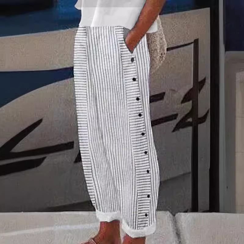 Women’s Striped Wide Leg Pants with Button-Accent
