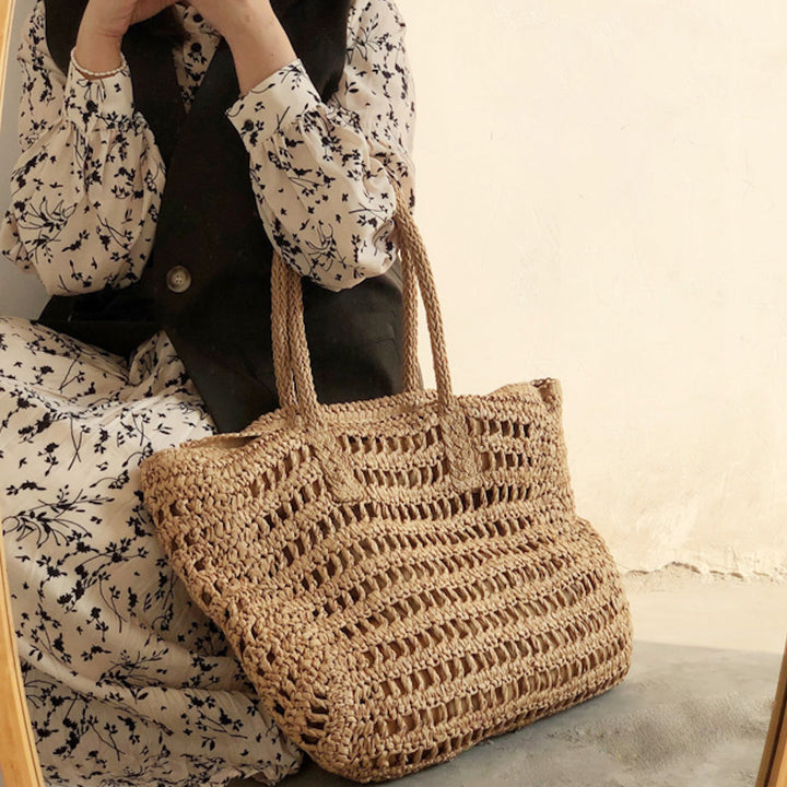 Women’s Woven Beach Tote Bag with Zip Closure