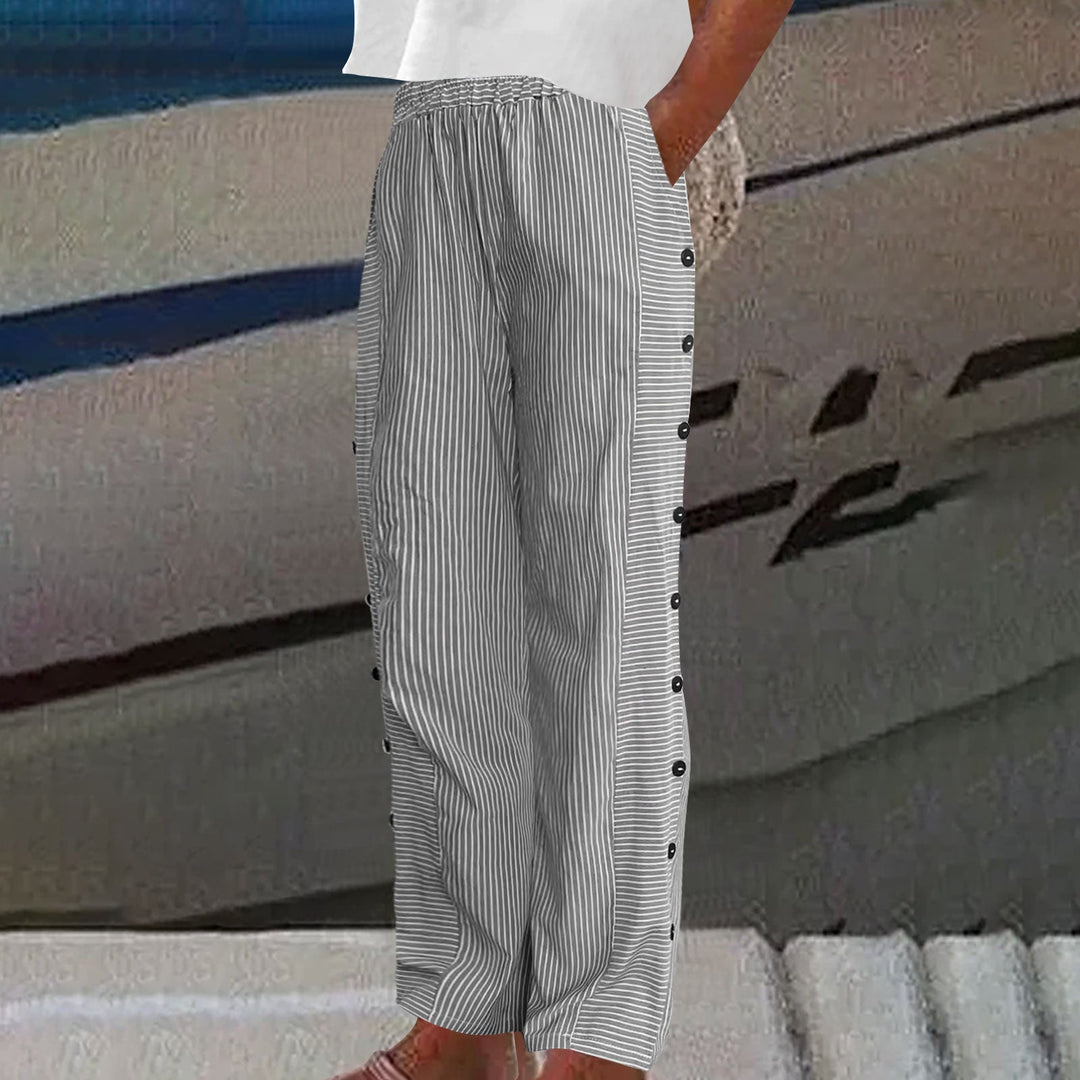 Women’s Striped Wide Leg Pants with Button-Accent
