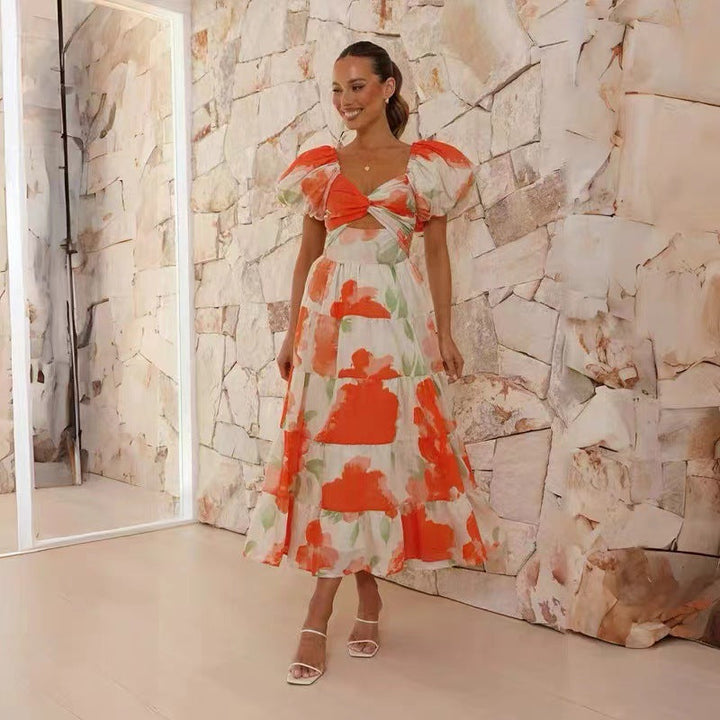Women’s Puff Sleeve Maxi Dress with Cut-Out Front