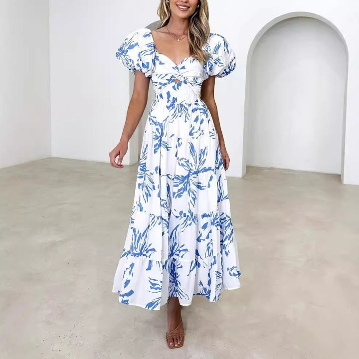 Women’s Puff Sleeve Maxi Dress with Cut-Out Front