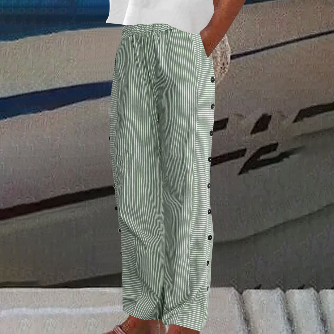 Women’s Striped Wide Leg Pants with Button-Accent