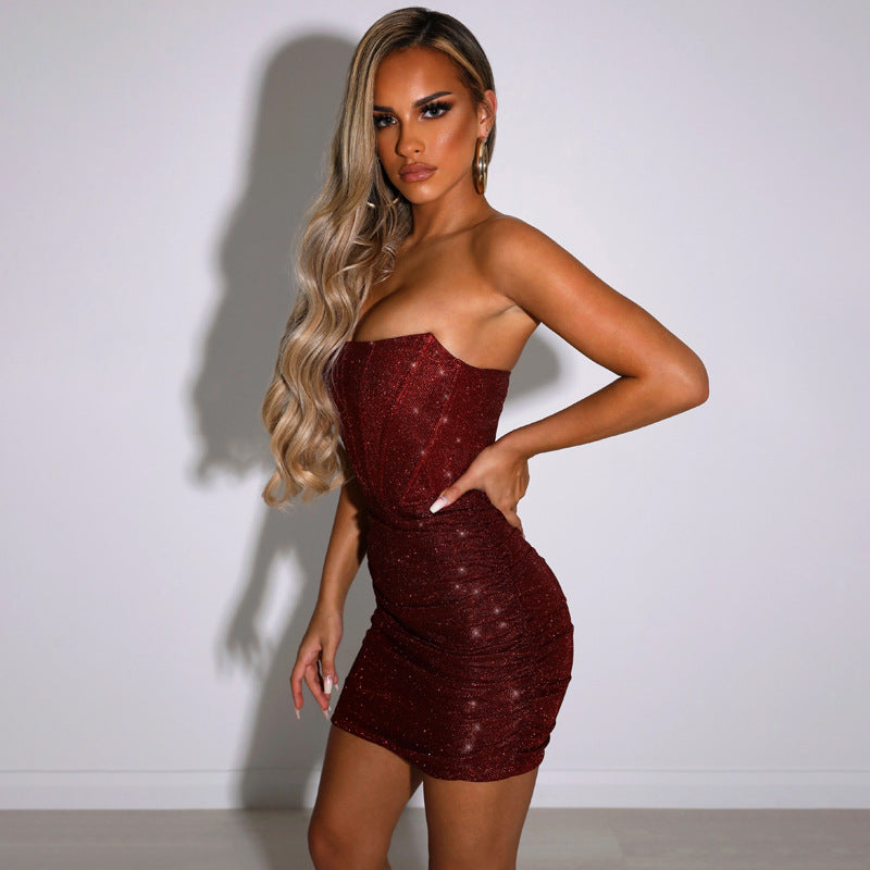Women’s Ruched Sequin Strapless Corset Mini Cocktail Dress