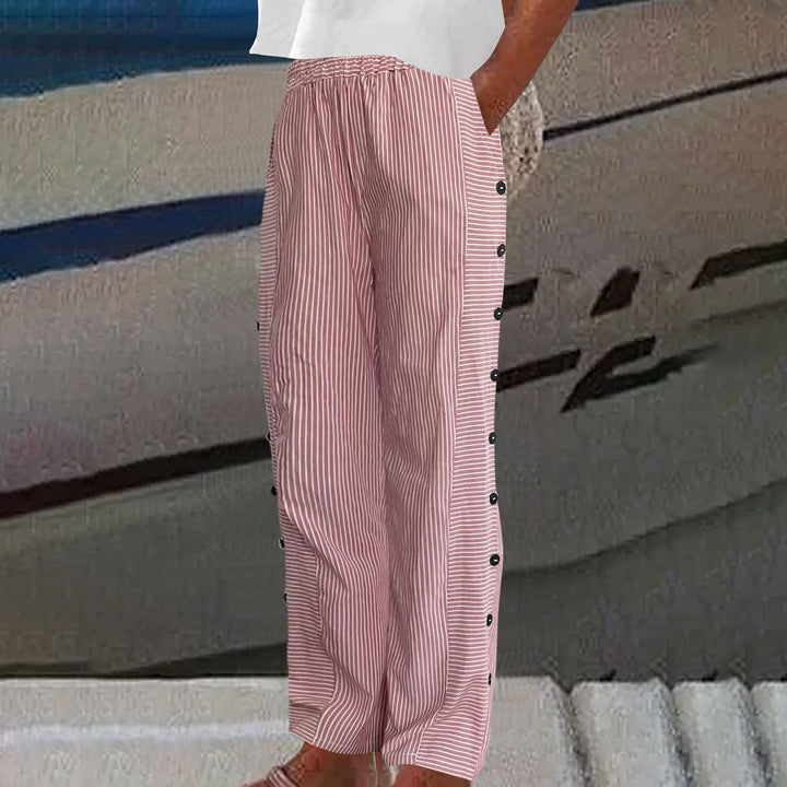 Women’s Striped Wide Leg Pants with Button-Accent