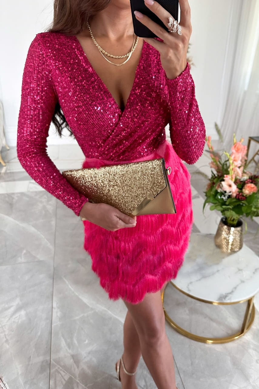 Women’s Long Sleeve Sequin V-neck Cocktail Mini Dress with Feather Hem
