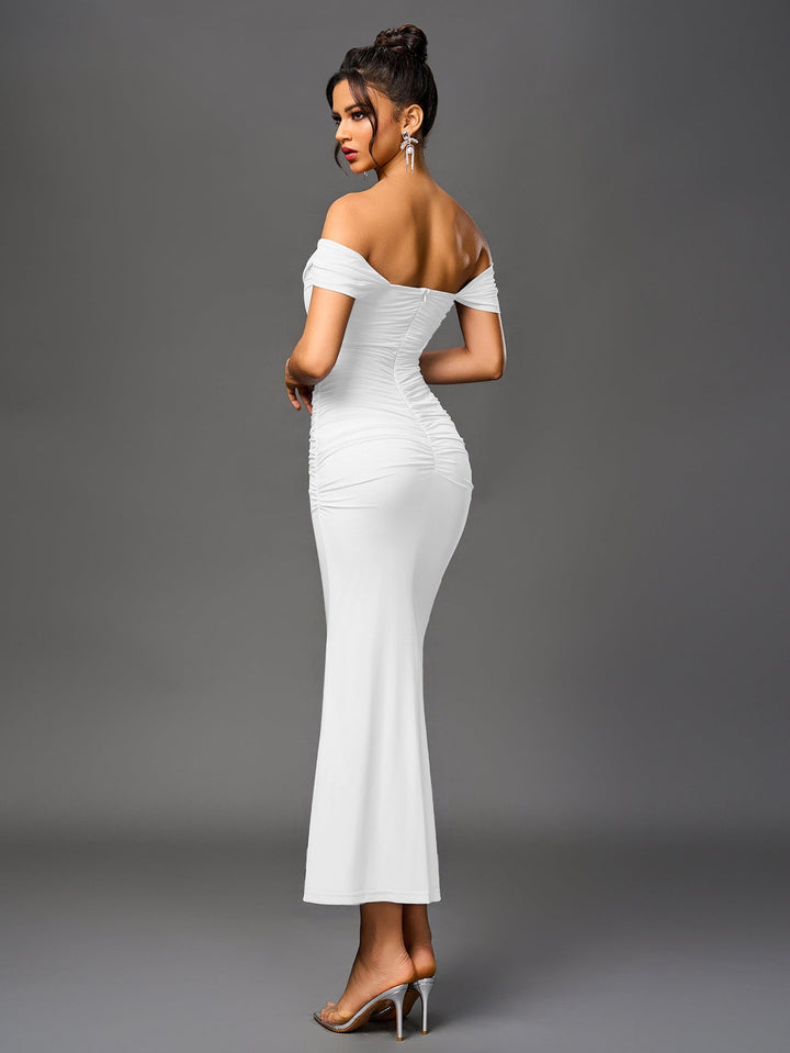 Women’s Off Shoulder Ruched Maxi Dress with Mermaid Hem