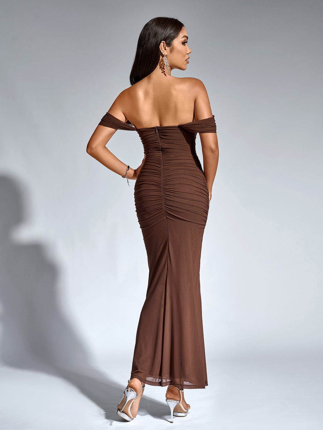 Women’s Off Shoulder Ruched Maxi Dress with Mermaid Hem