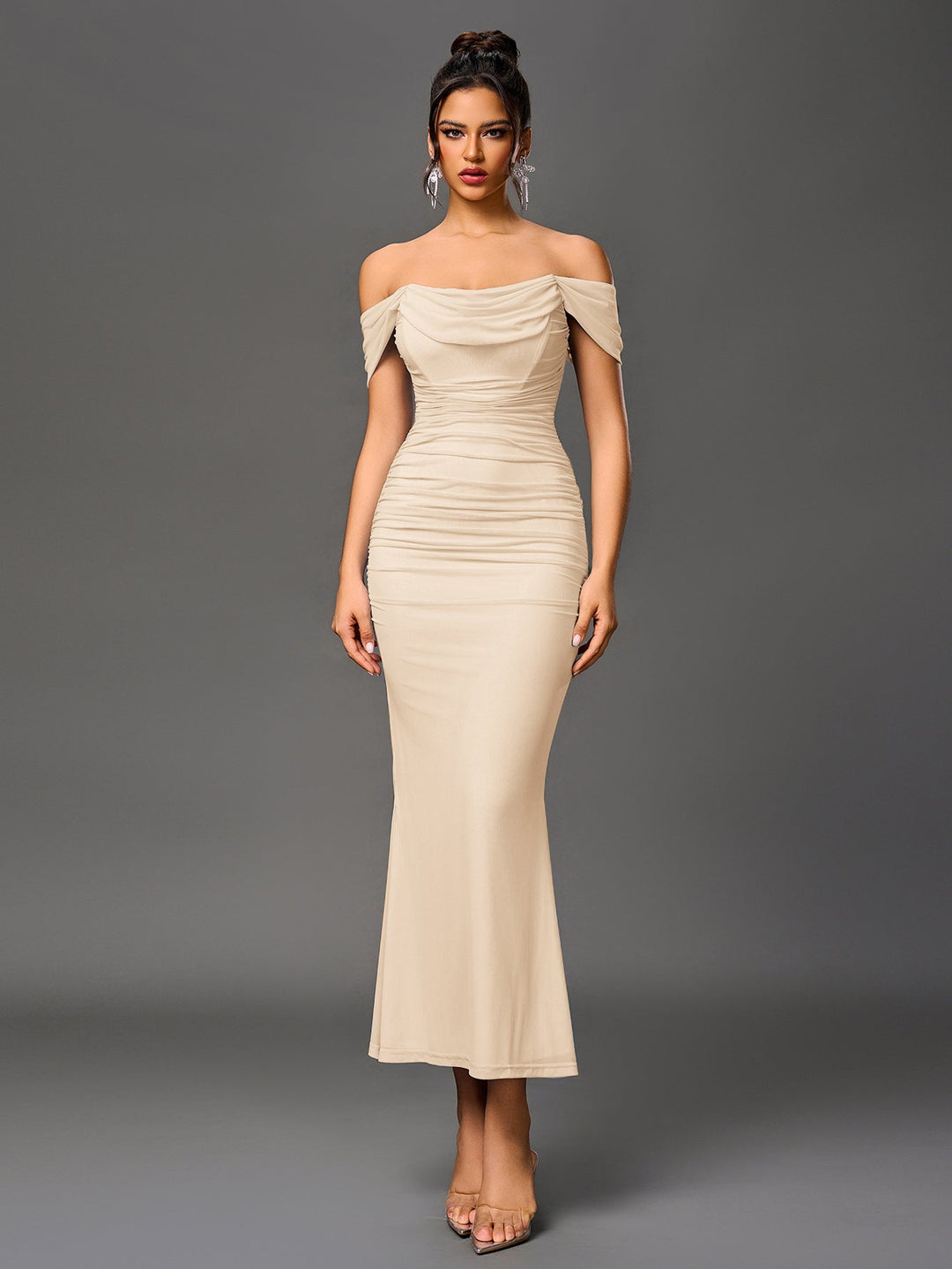 Women’s Off Shoulder Ruched Maxi Dress with Mermaid Hem