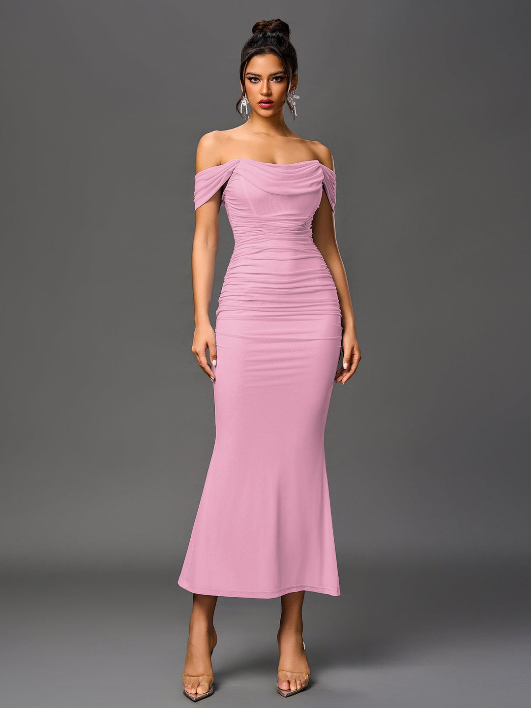Women’s Off Shoulder Ruched Maxi Dress with Mermaid Hem