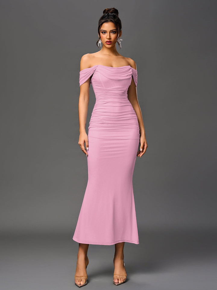 Women’s Off Shoulder Ruched Maxi Dress with Mermaid Hem