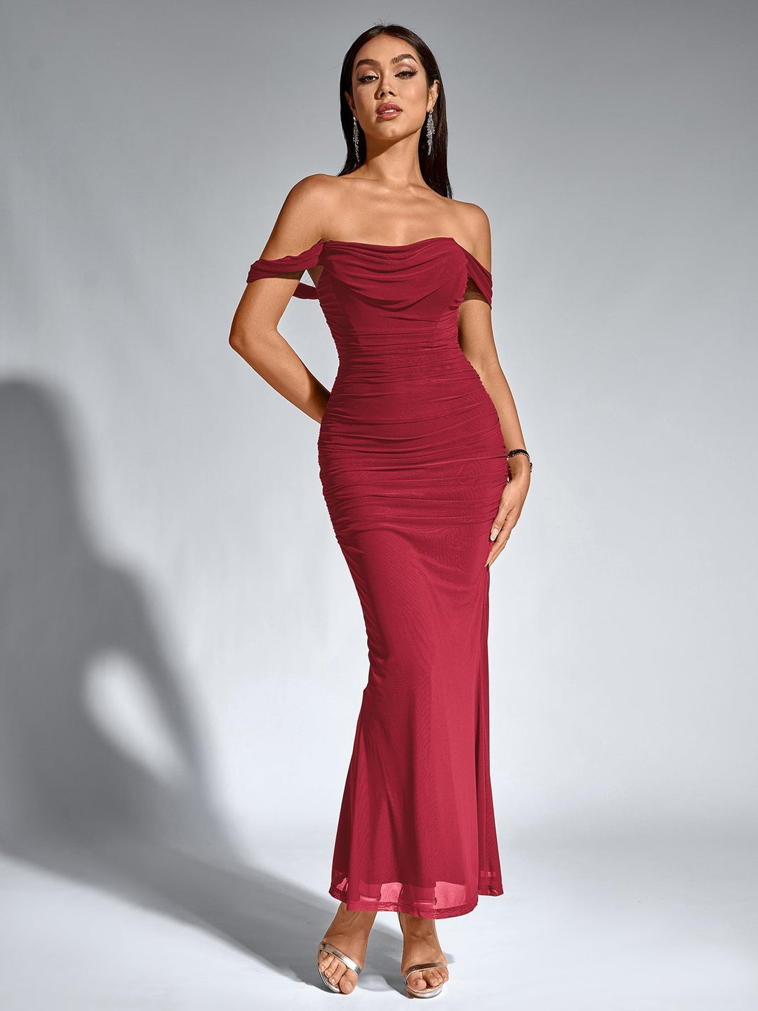 Women’s Off Shoulder Ruched Maxi Dress with Mermaid Hem