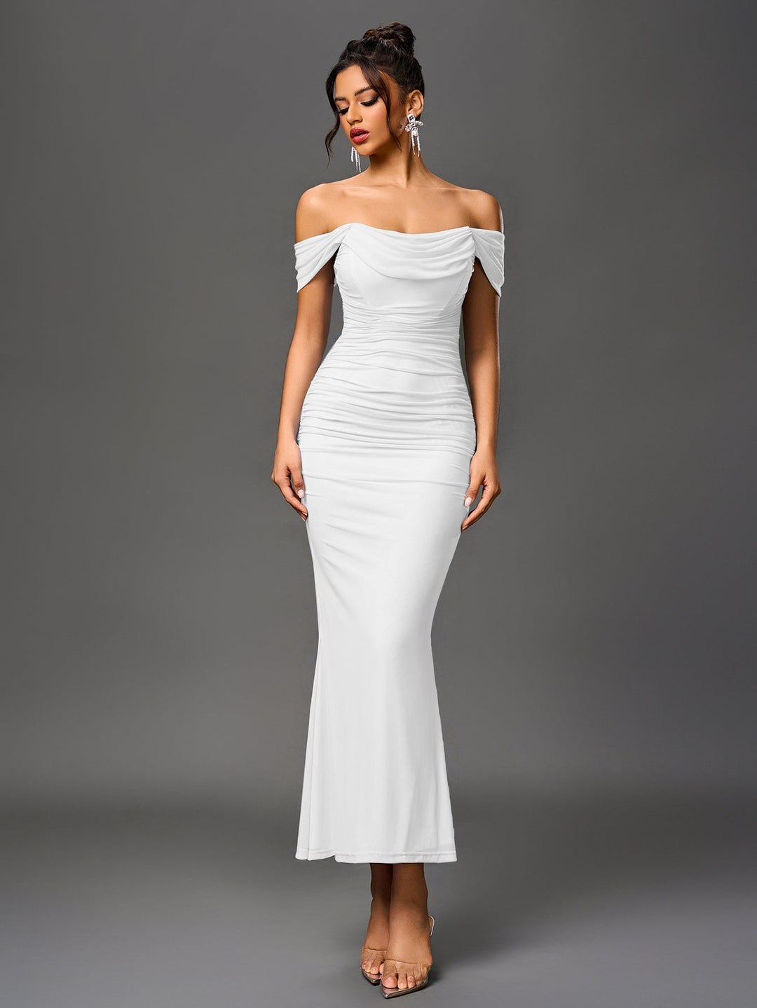 Women’s Off Shoulder Ruched Maxi Dress with Mermaid Hem