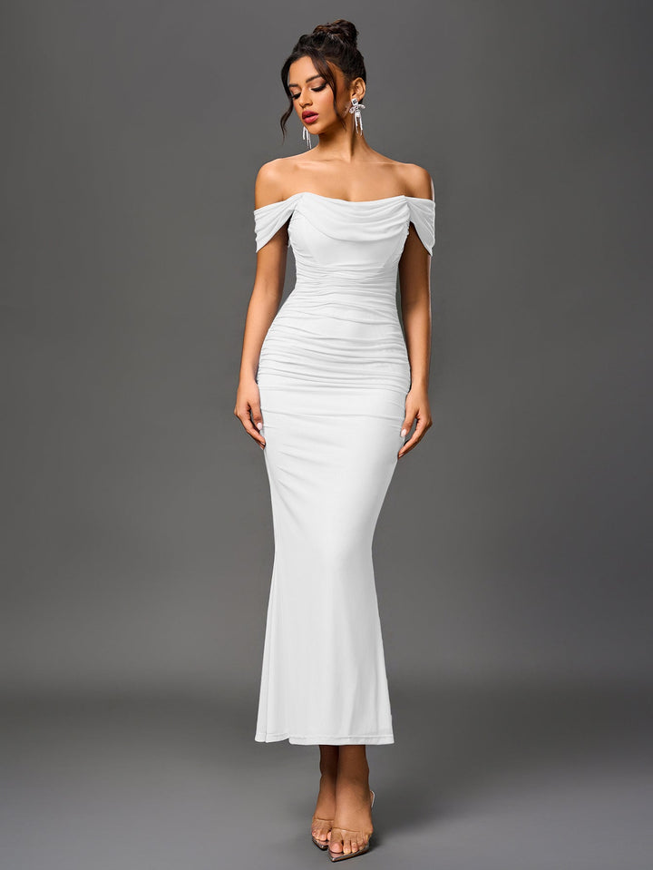 Women’s Off Shoulder Ruched Maxi Dress with Mermaid Hem