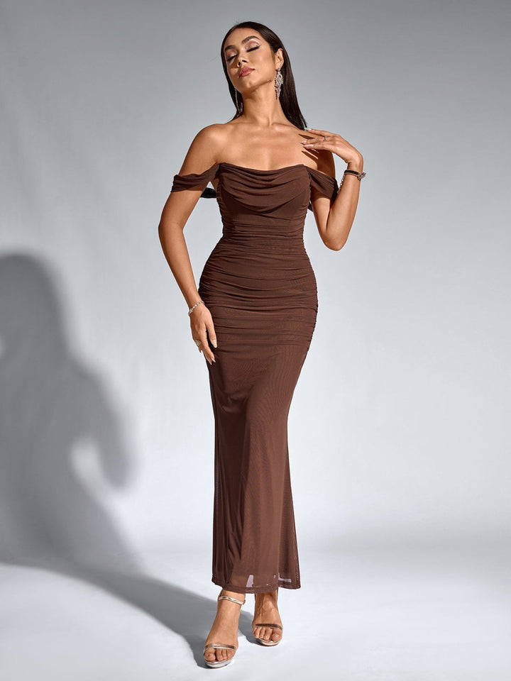 Women’s Off Shoulder Ruched Maxi Dress with Mermaid Hem