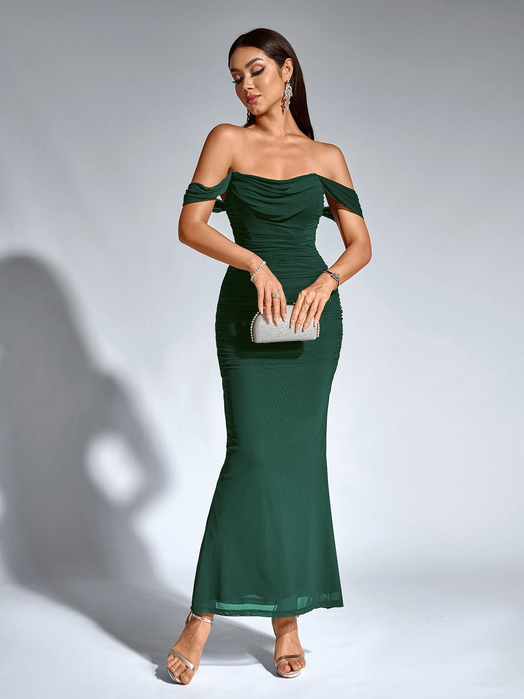 Women’s Off Shoulder Ruched Maxi Dress with Mermaid Hem
