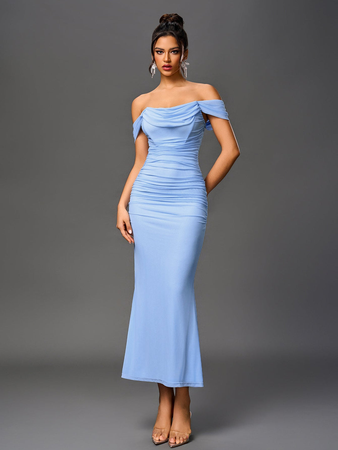 Women’s Off Shoulder Ruched Maxi Dress with Mermaid Hem