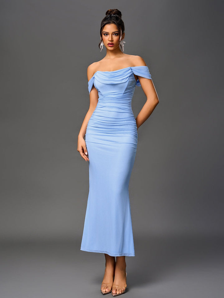 Women’s Off Shoulder Ruched Maxi Dress with Mermaid Hem