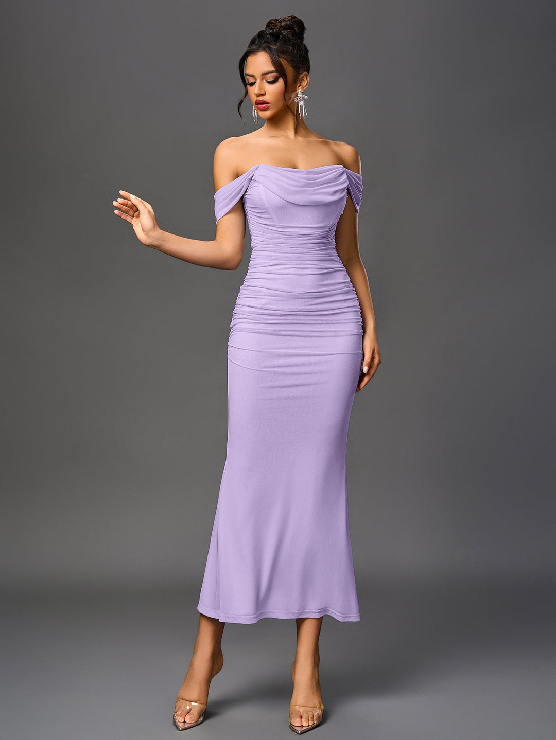 Women’s Off Shoulder Ruched Maxi Dress with Mermaid Hem