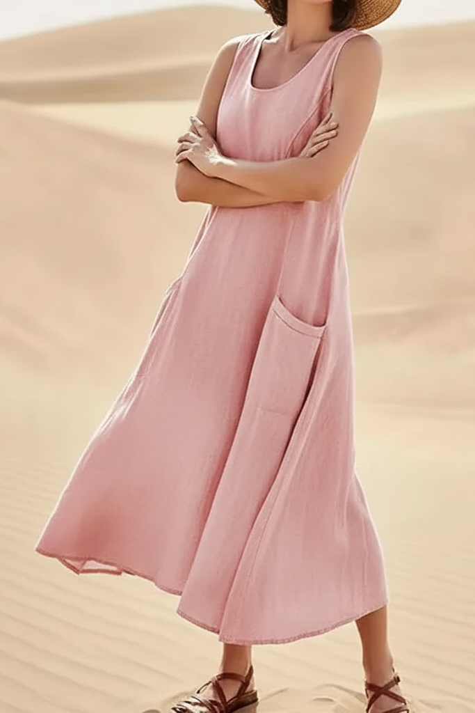 Women’s Sleeveless Cotton A-line Summer Midi Dress with Side Pockets