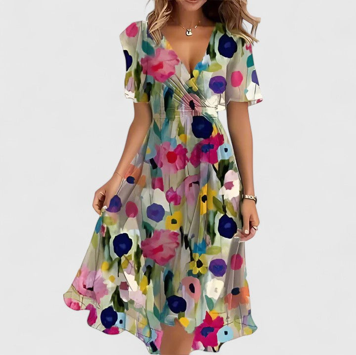 Women's Floral Short Dress with V-neck