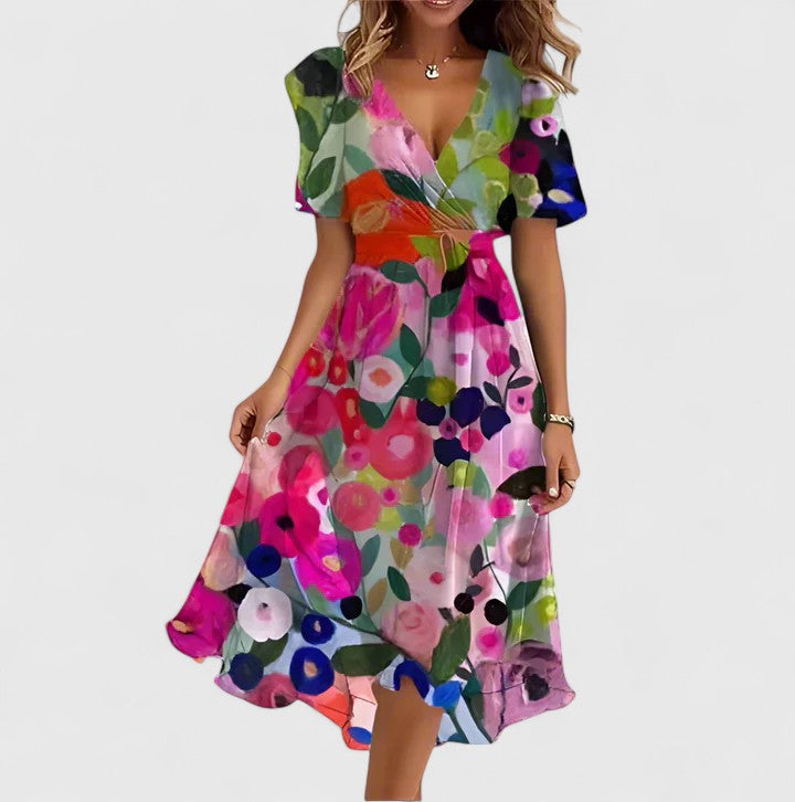 Women's Floral Short Dress with V-neck