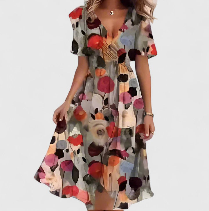 Women's Floral Short Dress with V-neck