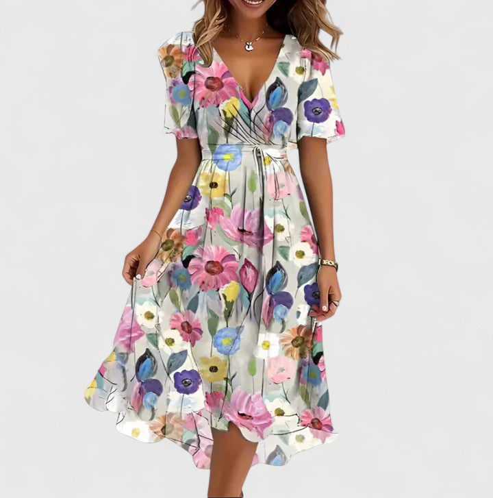 Women's Floral Short Dress with V-neck