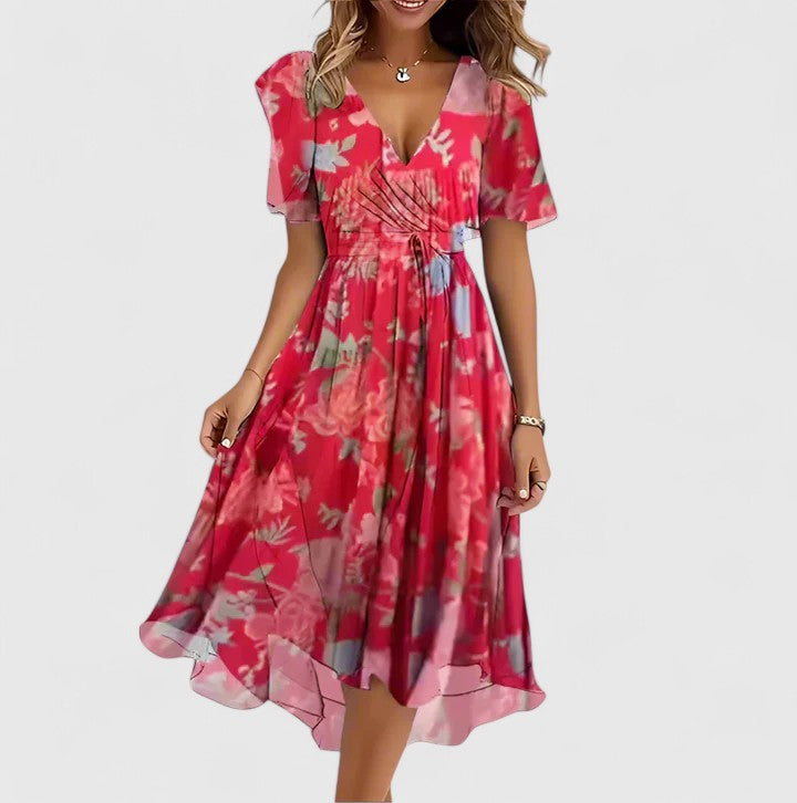 Women's Floral Short Dress with V-neck