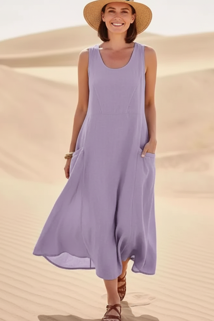 Women’s Sleeveless Cotton A-line Summer Midi Dress with Side Pockets