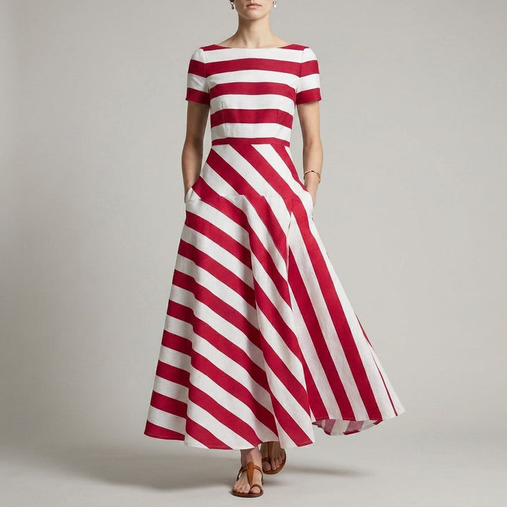 Women's A-Line Ankle-Length Striped Maxi Dress with Pockets