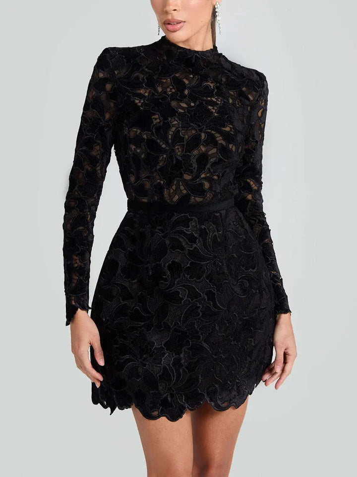 Women’s Long Sleeve Lace Cocktail Mini Dress with High Neck and Scalloped Hem