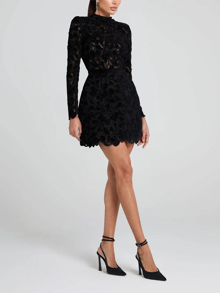 Women’s Long Sleeve Lace Cocktail Mini Dress with High Neck and Scalloped Hem