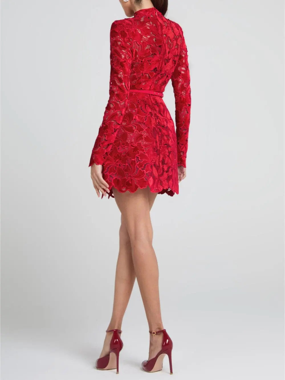 Women’s Long Sleeve Lace Cocktail Mini Dress with High Neck and Scalloped Hem